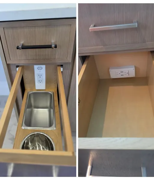 Custom power outlets installed inside cabinetry