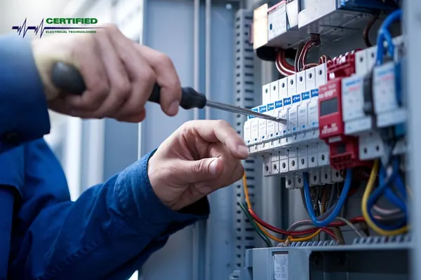 Electrician servicing a breaker panel